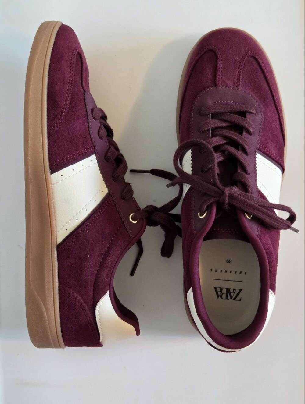 Zara Burgundy Suede Sneaker | White Stripe Gum Sole | EU 39 Preppy Quiet Luxury